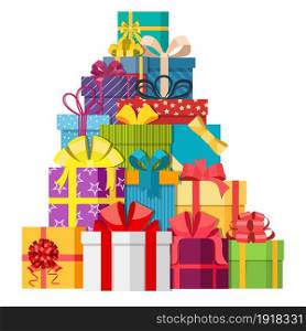 Big pile of colorful wrapped gift boxes. Mountain gifts. Gift box icon. Christmas gift box. Vector illustration in a flat style. Big pile of colorful wrapped gift boxes.