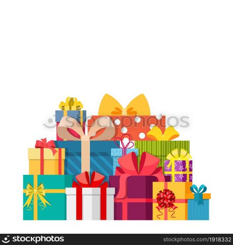 Big pile of colorful wrapped gift boxes. Mountain gifts. Gift box icon. Christmas gift box.Vector illustration in a flat style. Big pile of colorful wrapped gift boxes.