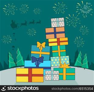 Big Pile of Colorful Wrapped Gift Boxes Web Banner. Big pile of colorful wrapped gift boxes web banner. Fireworks and santa with reindeers in sky on snowy background. Christmas gift boxes with snow forest. Gift symbol. Vector illustration