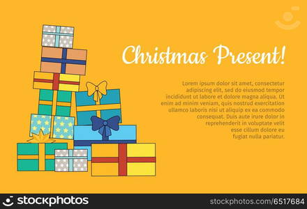 Big Pile of Colorful Wrapped Gift Boxes Web Banner. Big pile of colorful wrapped gift boxes. Mountain gifts. Beautiful present box with overwhelming bow. Gift box icon. Gift symbol. Christmas gift box. Isolated vector illustration