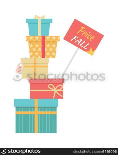 Big Pile of Wrapped Gift Boxes Vector Sale Concept. Price fall. Sale concept. Big pile of colorful wrapped gift boxes. Mountain gifts sale. Beautiful present box with bow. Gift box icons, symbols. Christmas sale. Isolated vector illustration