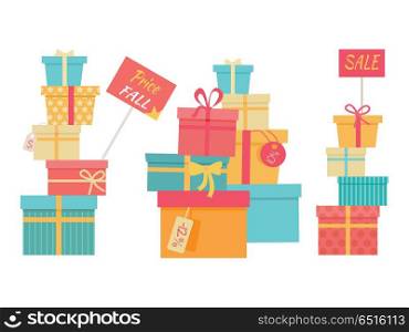 Big Pile of Wrapped Gift Boxes Vector Sale Concept. Price fall sale concept set. Big piles of colorful wrapped gift boxes. Mountain gifts sale. Beautiful present boxes with bows. Gift box icons, symbols. Christmas sale. Isolated vector illustration