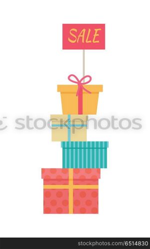 Big Pile of Wrapped Gift Boxes Vector Sale Concept. Sale concept. Big pile of colorful wrapped gift boxes. Mountain gifts sale. Beautiful present box with overwhelming bow. Gift box icons, symbols. Christmas sale. Isolated vector illustration