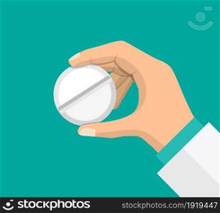 Big pill for illness and pain treatment in hand of doctor. Medical drug, vitamin, antibiotic. Healthcare and pharmacy. Vector illustration in flat style. Big pill for illness in hand of doctor.