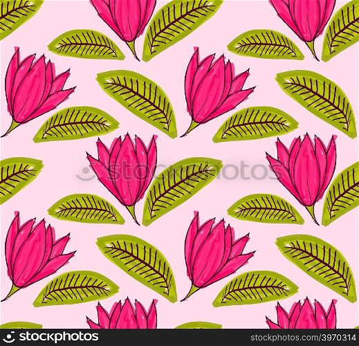 Big pink flower with green leaf.Hand drawn with ink and colored with marker brush seamless background.Creative hand made brushed design.Big flower collection.
