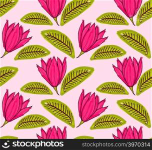 Big pink flower with green leaf.Hand drawn with ink and colored with marker brush seamless background.Creative hand made brushed design.Big flower collection.