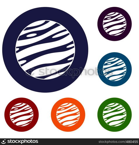 Big planet icons set in flat circle red, blue and green color for web. Big planet icons set
