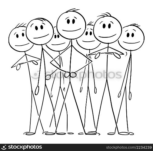 Big positive smiling business team with leader in front, vector cartoon stick figure or character illustration.. Big Smiling Business Team With Leader, Vector Cartoon Stick Figure Illustration