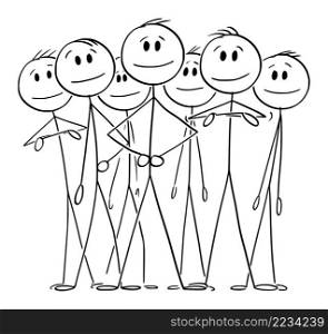 Big positive smiling business team with leader in front, vector cartoon stick figure or character illustration.. Big Smiling Business Team With Leader, Vector Cartoon Stick Figure Illustration
