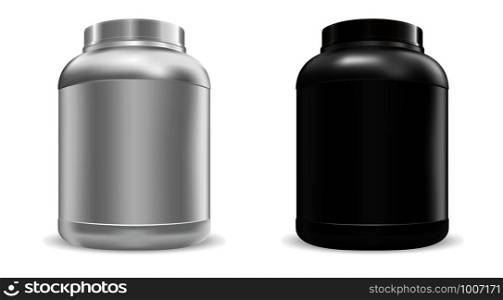 Big protein nutrition jars mockup set. Sports food gainer can. Vector whey protein bottles template in black and white color.. Big protein nutrition jars mockup set. Sports food