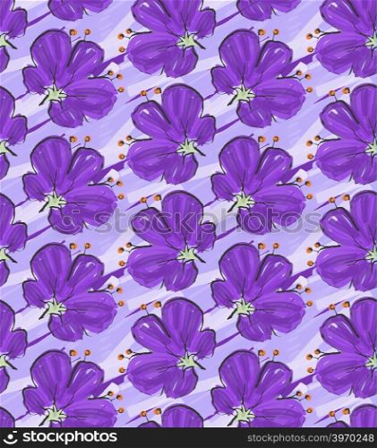 Big purple flower on purple brushed background.Hand drawn with ink and colored with marker brush seamless background.Creative hand made brushed design.