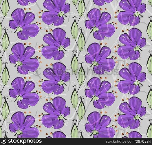 Big purple flower on vine with leaves.Hand drawn with ink and colored with marker brush seamless background.Creative hand made brushed design.