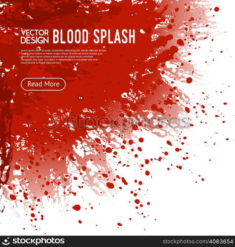 Big realistic blood splash corner on white background webpage design poster with read more button vector illustration . Blood Splash Background Webpage Design Poster