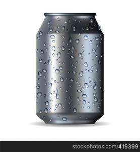Big realistic can with drops isolated on a white background. Big realistic can with drops