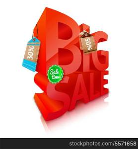 Big red 3d sale text with discount labels emblem vector illustration