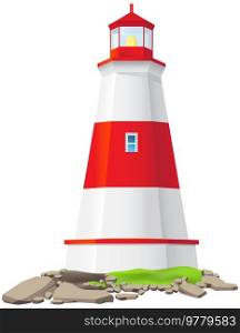 Big red and white lighthouse standing on stones isolated on white background. Large construction of water coast nautical equipment standing on shore. Large lantern illuminates way for ships at night. Lighthouse construction illustration. Isolated big lantern on white. Lighting equipment at sea