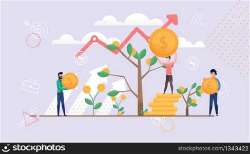 Big Red Arrow goes Up Against Sky. Deposit in Different Currencies under Growth. Interest on Payment Increases. Man Hold Coin in Hand and Grow on Tree Cent. Vector Flat Illustration.