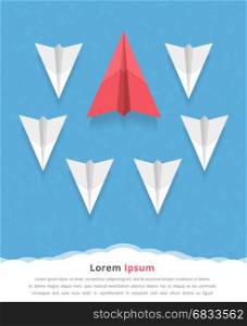 Big red paper airplane as a leader among white airplanes, leadership, teamwork, motivation, stand out of the crowd concept, vector eps10 illustration. Paper Airplanes