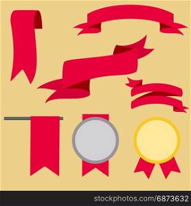 Big red ribbons set, isolated on beige background, vector illustration. Big red ribbons set, isolated on beige background, vector illustration. Medal set for first and second place.