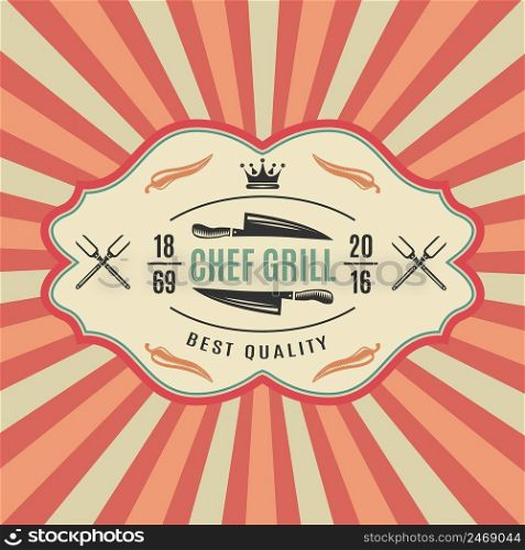 Big retro bbq label with chief grill best quality and colored striped background vector illustration. Retro Bbq Label
