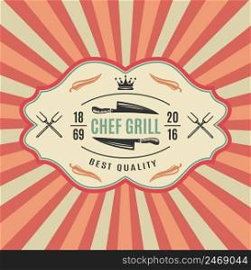 Big retro bbq label with chief grill best quality and colored striped background vector illustration. Retro Bbq Label