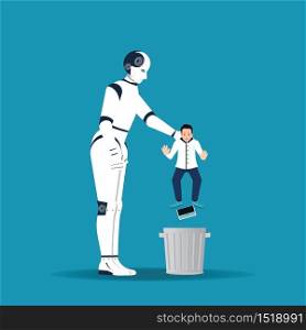 Big robotic hand holding little businessman in order to throw him into trash can. AI replaces human intellect. Business failure. Get fired.cartoon design conceptual vector illustration.