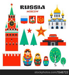 Big Russiam set. Russian landmarks on white background. Moscow Kremlin, matryoshka etc. Flat style vector illustration. Big Russiam set. Russian landmarks on white background. Moscow Kremlin, matryoshka etc. Flat style vector illustration.