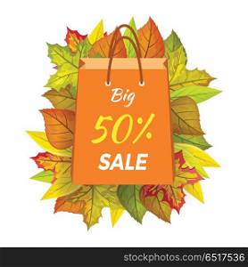 Big Sale 50 Percent. Autumn Paper Bag Label Vector. Big sale 50 percent. Autumn sale paper bag label template. Fall sale, autumn leaves on background, discount tag price, seasonal promotion. Foliage isolated. Autumn sale element. Vector illustration