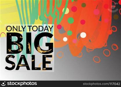 Big sale advertisement banner on hand drawn background with gold marks. Sale trendy poster with gold splashes and black frame. Rough colorful doodle fun special offer banner template.