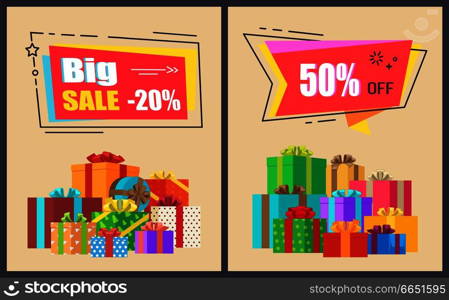 Big sale advertisement with discount values on colorful signs. Vector illustration special offer banners decorated with gift boxes and bows collection. Big Sale Advertisement Posters Vector Illustration