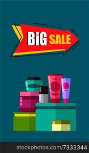 Big sale advertising card vector illustration with lot of glossy vials with care products, bright red sticker with text, banner isolated on blue backdrop. Big Sale Advertising Card Vector Illustration