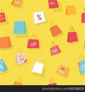 Big sale and discounts seamless pattern. Colorful paper shopping bags with text on yellow background flat vector illustration. For goods wrapping paper, labels, advertising printing materials design. Sale Seamless Pattern Vector Illustration. Sale Seamless Pattern Vector Illustration