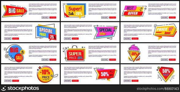 Big sale and special offer, set of pages designed for web sites, stickers and information below, red buttons vector illustration isolated on white. Big Sale and Special Offer Set Vector Illustration