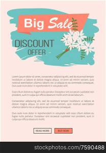 Big sale and special proposition from shop vector, best offer on spring season. Bouquet of flowers in bloom, discount for clients, page with text. Big Sale Discount and Special Offer Website Banner
