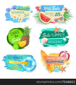 Big sale and summertime offer banners set vector. Seasonal reductions and price on lower cost. Pineapple and watermelon fruits, ball and saving ring. Big Sale and Summertime Offer Vector Illustration