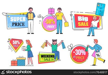 Big sale and super price from shops vector, isolated set of characters with purchases. Man and woman with presents for holidays. People buying items from store with proposal and special offers. Super Price and Big Sale Banners with People Set
