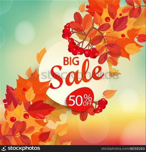 Big sale - autumn background with colorful leaves and frame with text. Fall sale design, vector illustration.