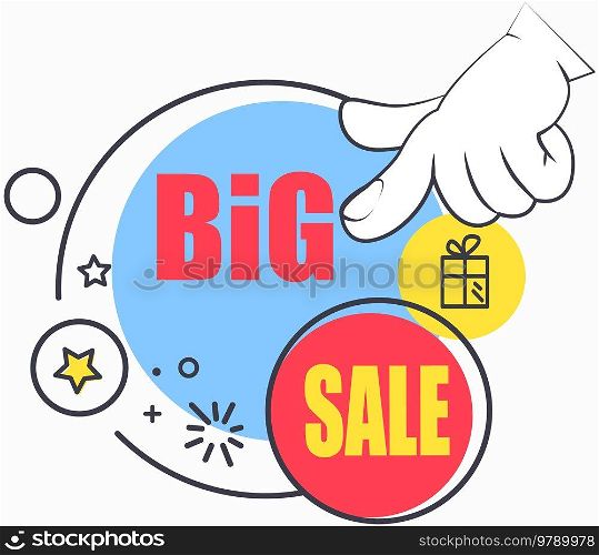 Big sale banner best price. Hot sale and discount. Special offer text and hand. New arrival, big sale and special offer. Black friday up to. Big discount with human hand pointing to advertising phrase. Big sale banner. Sale and discounts. Big discount with human hand pointing to advertising phrase