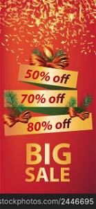 Big Sale banner design. Christmas cracker, confetti and ribbon on red background. Template can be used for retail posters, flyers, signs