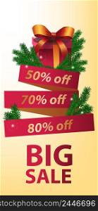 Big Sale banner design. Christmas gift, ribbon and fir tree branches on yellow background. Template can be used for retail posters, flyers, signs
