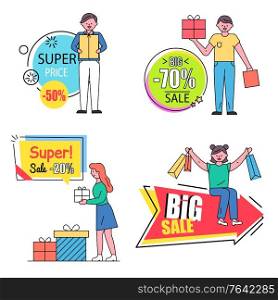 Big sale banners with characters vector, isolated people holding presents with decorative wrappings. Woman and man using special clearance and offers from shops. 70 percent off discount tags. Super Sale and 70 Off Price Discount Banners Set
