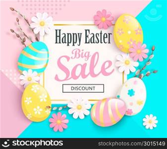Big Sale card for Happy Easter with beautiful camomiles and painted eggs on geometric background. Sale and discount banner, poster, invitation, flyer. Vector illustration. Big Sale card for Happy Easter.Vector illustration