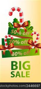 Big Sale Christmas banner design. Candy canes, ribbon and bows on yellow background. Template can be used for retail posters, flyers, signs
