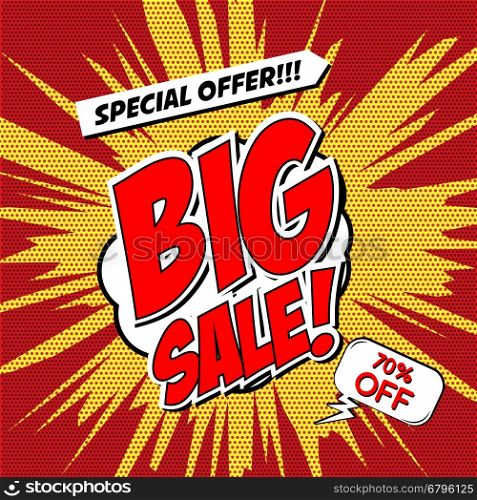 Big Sale!!! Comic style phrase on sunburst background. Design element for flyer, poster. Vector illustration.