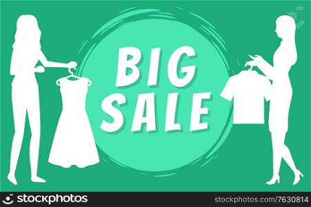 Big sale concept. Women holding clothes on hangers silhouette on green background. Shopping mall, fashionable boutique, purchasing vector illustration. Big sales, Women with Clothes on Hangers Vector