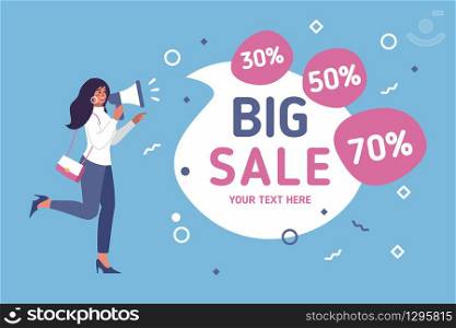 Big sale concept. Women present a sale offer with megaphone. Vector illustration flat design. Isolated on white background. Special discount. Banner for web page, presentation, coupon, post, web app. Big sale concept. Women present a sale offer with megaphone.