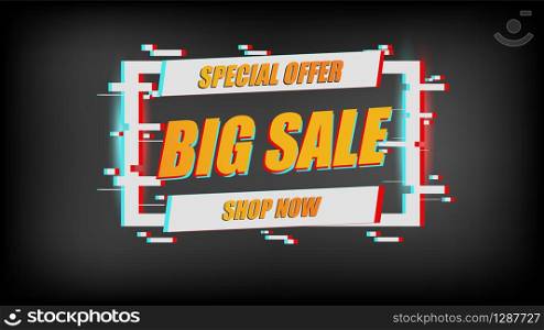 Big Sale cyber modern glitch banner light layout on black background with. Template design for list, page, mockup brochure style, banner, idea, cover, booklet, print, flyer and book.