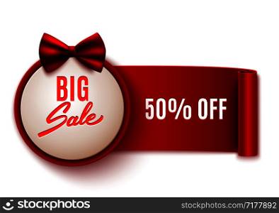 Big sale discount advertisement tag, round banner and realistic red ribbon, vector illustration