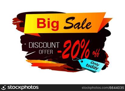 Big sale discount offer -20  off, only today, image with yellow stripe and title, price tag and background vector illustration isolated on white. Big Sale Discount -20  Image Vector Illustration
