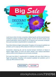 Big sale discount offer promo poster with pasque purple flower vector illustration isolated on white. Spring blossom of crocus plant on webage label. Big Sale Discount Offer Promo Poster with Pasque